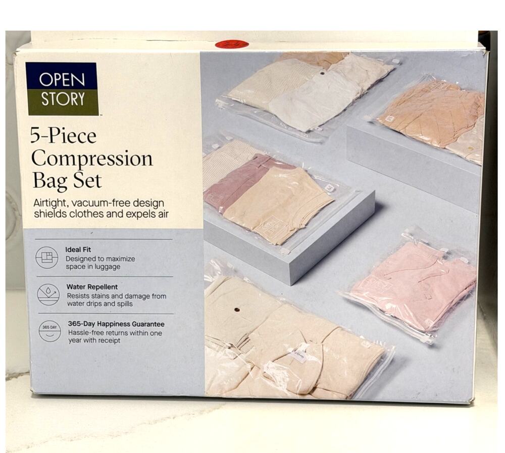 Open Story Compression Bag Set 5pc Travel Packing Organizer Beige Cream NWT